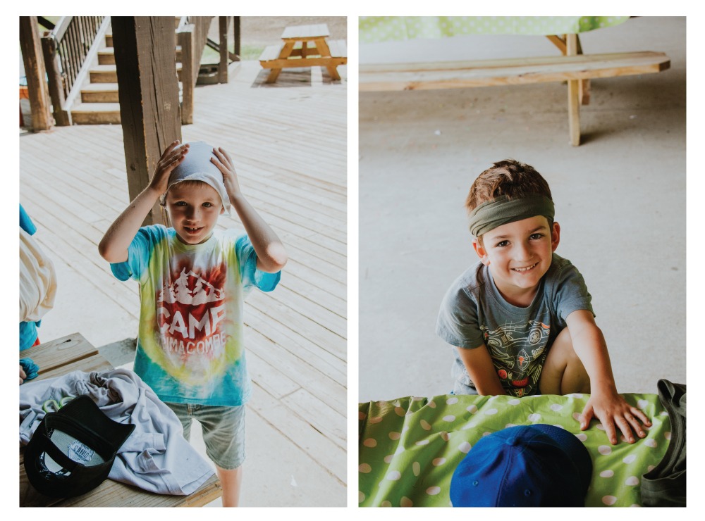 collage of two boys wearing scrap fabric on their heads and smiling